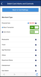 debit card alerts and controls merchant type options